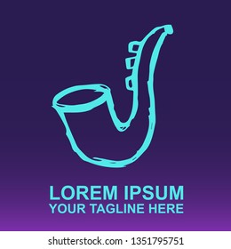 Vector Logo of Neon Blue Trumpet or Saxophone on Gradient Color Background Violet and Pink. Illustration for Print.