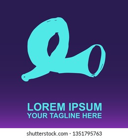 Vector Logo of Neon Blue Trumpet or Saxophone on Gradient Color Background Violet and Pink. Illustration for Print.