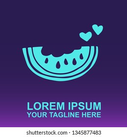 Vector Logo of Neon Blue Watermelon Fruit on Gradient Color Background Violet and Pink. Illustration for Print. 