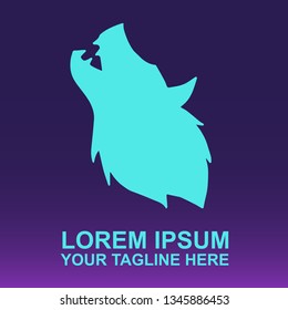 Vector Logo of Neon Blue Wolf Animal on Gradient Color Background Violet and Pink. Illustration for Print. 