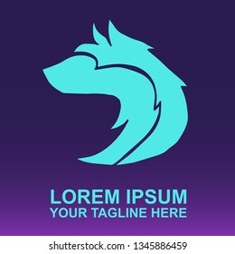 Vector Logo of Neon Blue Wolf Animal on Gradient Color Background Violet and Pink. Illustration for Print. 