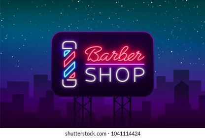 Vector logo neon sign barber shop for your design. For a label, a sign, a sign or an advertisement. Hipster Man, Hairdresser Logo. Neon billboard, bright sign, luminous banner. Vector Billboard
