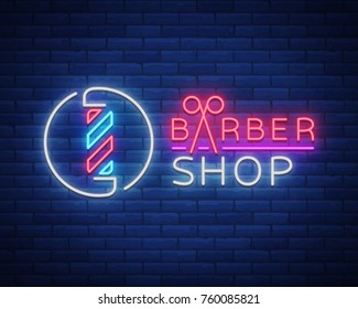 Vector logo neon sign barber shop for your design. For a label, a sign, a sign or an advertisement. Hipster Man, Hairdresser Logo. Neon billboard, bright sign, luminous banner.