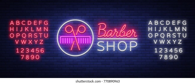Vector logo neon sign barber shop for your design. For a label, a sign, a sign or an advertisement. Hipster Man, Hairdresser Logo. Billboard, luminous banner. Editing text neon sign