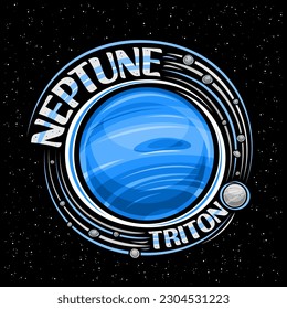 Vector logo for Neptune, decorative fantasy print with rotating planet neptune and many moons, gas windy surface, cosmo sign with unique lettering for text neptune and triton on dark starry background