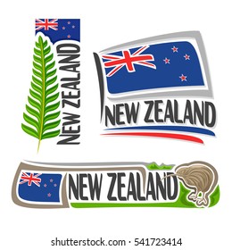 Vector logo New Zealand, 3 isolated images: vertical banner branch green fern leaf on background NZ national state flag, symbol of new zealand bird kiwi, set simple blue ensign flags with union jack.