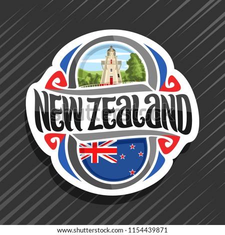 Vector logo for New Zealand country, fridge magnet with new zealandian state flag, original brush typeface for words new zealand and national symbol of NZ - Akaroa Lighthouse on cloudy sky background.