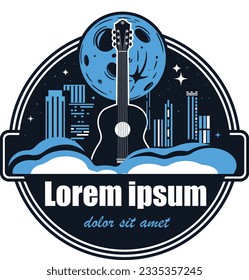 Vector logo with night city and guitar. Bright illustration with space for your text. 