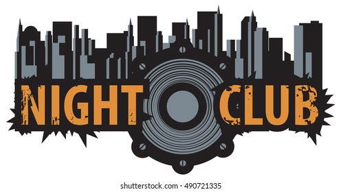 vector logo for a night club with speaker over modern city background
