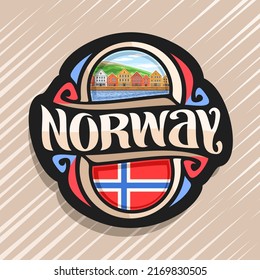 Vector logo for Norway country, fridge magnet with norwegian flag, original brush typeface for word norway and norwegian national symbol - old houses on coast of fjord on blue cloudy sky background