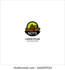 Vector logo for Nuts, cut sign with pile of healthy walnut, australian macadamia, sweet almond, forest hazelnut, cracked pistachio, peanut in nutshell, veg mix label with text nuts for vegan store.