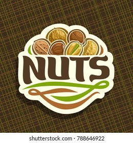 Vector logo for Nuts, cut sign with pile of healthy walnut, australian macadamia, sweet almond, forest hazelnut, cracked pistachio, peanut in nutshell, veg mix label with text nuts for vegan store.