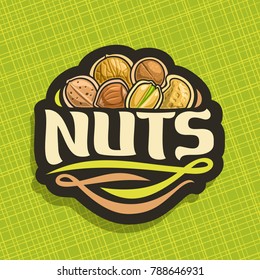 Vector logo for Nuts, cut sign with pile of healthy walnut, australian macadamia, sweet almond, forest hazelnut, cracked pistachio, peanut in nutshell, veg mix label with text nuts for vegan store.