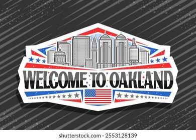 Logotipo vetorial para Oakland, etiqueta decorativa branca com ilustração de linha da paisagem urbana panorâmica de cidade de oakland no fundo do céu do dia, ímã de geladeira de design de arte com palavras pretas bem-vindo a oakland