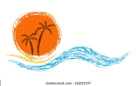 Vector Logo. Ocean Waves, Palm Trees And Sun