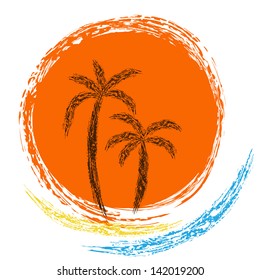 Vector logo. ocean waves, palm trees and sun