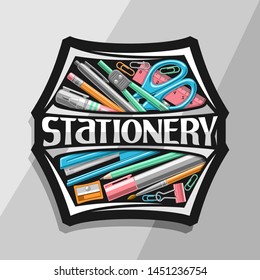 Vector logo for office Stationery, black creative signboard with illustration of group variety colorful school stationary, label with decorative lettering for word stationery on grey background.