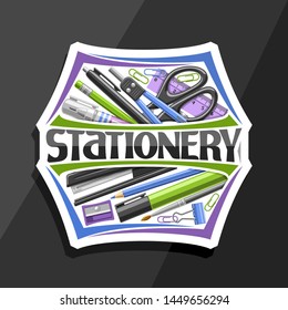 Vector logo for office Stationery, white creative sign board with illustration of group variety colorful school stationary, badge with decorative lettering for word stationery on dark background.