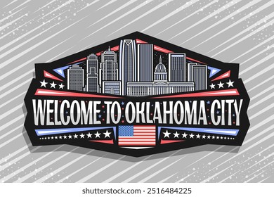 Vector logo for Oklahoma City, black decorative sign with line illustration of urban oklahoma cityscape on nighttime sky background, art design refrigerator magnet with words welcome to oklahoma city