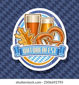 Vector logo for Oktoberfest, decorative ellipse sign board with cartoon design oktoberfest pretzel, orange autumn oak leaf, pint beer glasses and medieval text oktoberfest on blue diamond background