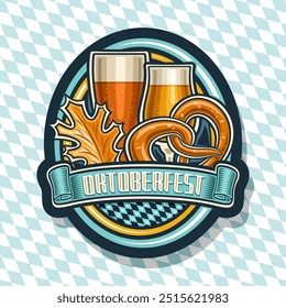 Vektorlogo für Oktoberfest, dekorative Ellipse Schild mit Umrissgrafik Oktoberfest Brezel, gelbes Herbstblatt, Pint Biergläser und mittelalterlicher Text Oktoberfest auf blauem Rautenhintergrund