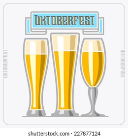 Vector logo for Oktoberfest glass cups of beer, consisting of 3 cups, filled to the brim light lager and pilsner beer on a white background. On glass pint with alcohol drink label