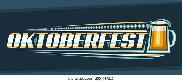 Vector logo for Oktoberfest, horizontal banner with unique brush lettering for word oktoberfest, outline illustration of simple beer mug with froth and blue decorative rhombs on black background