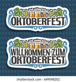 Vector logo for Oktoberfest on blue diamond background: beer in 3 mugs, lettering title - oktoberfest, green leaf hops, text - willkommen zum, oktober fest label on repeat rhombus texture pattern