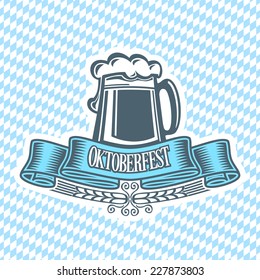 Vector logo for Oktoberfest in the pub or bar during the fest, beer mug with foam filled to the brim for traditional vintage pub for oktoberfest banner, Bavarian pattern