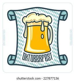 Vector logo for Oktoberfest in the pub or bar during the fest, beer mug with foam filled to the brim for traditional vintage pub for oktoberfest banner. Bavarian pattern