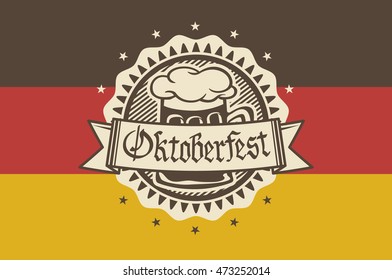 Vector logo for Oktoberfest in the pub or bar during the fest, beer mug with foam filled to the brim for traditional vintage banner, Bavarian art