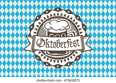Vector logo for Oktoberfest in the pub or bar during the fest, beer mug with foam filled to the brim for traditional vintage