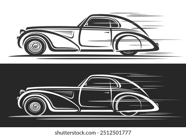 Vector logo for Old Timer Coupe Car, automotive decorative banners with simple illustration of elegant car in moving, clipart of running monochrome luxury old timer car on black and white background