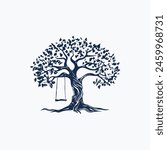 vector logo of old tree with swing. white background