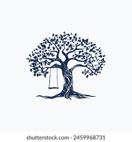 Logo de Vector de árbol viejo con columpio. fondo blanco