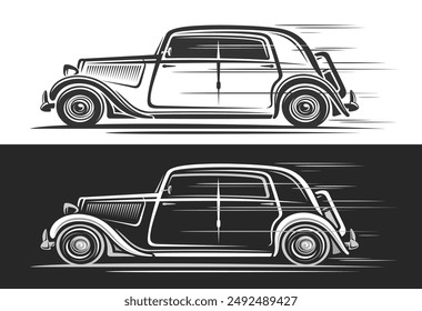 Vector logo for Oldtimer Car, automotive decorative banners with simple illustration of elegant historic car in moving, artwork of running monochrome exotic oldtimer car on black and white background