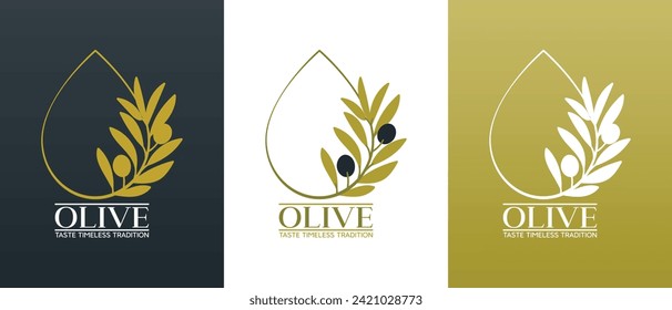 Vector logo of olive branch with leaves. Modern hand drawn vector olive oil icons. Branding concept for olive oil company, organic, eco-friendly oil products, wellness, beauty, culinary services 