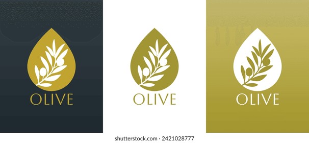 Vector logo of olive branch with leaves. Modern hand drawn vector olive oil icons. Branding concept for olive oil company, organic, eco-friendly oil products, wellness, beauty, culinary services 