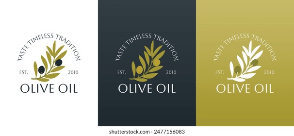 Vector logo of olive branch with leaves. Modern hand drawn vector olive oil icons. Branding concept for olive oil company, organic, eco-friendly oil products, wellness, beauty, culinary services 