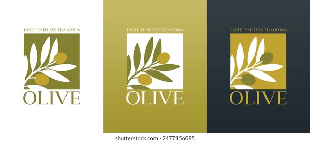 Logotipo de Vector de rama de olivo con hojas. Iconos de aceite de oliva de Vector dibujado a mano moderno. Concepto de la marca para la compañía del aceite de oliva, productos orgánicos, productos ecológicos del aceite, bienestar, belleza, servicios culinarios 