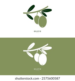 Vector logo of olive branch with leaves. Modern hand drawn vector olive oil icons. Branding concept for olive oil company, organic, eco-friendly oil products, wellness, beauty, culinary services