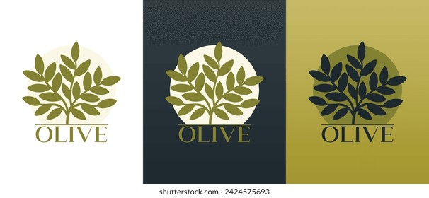 Vector logo of olive tree with leaves. Modern hand drawn vector olive oil icons. Branding concept for olive oil company, organic, eco-friendly oil products, wellness, beauty, culinary services 