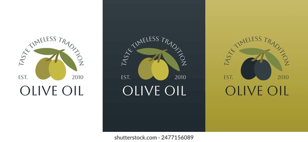 Logo de Vector de aceitunas con hojas. Iconos de aceite de oliva de Vector dibujado a mano moderno. Concepto de la marca para la compañía del aceite de oliva, productos orgánicos, productos ecológicos del aceite, bienestar, belleza, servicios culinarios 