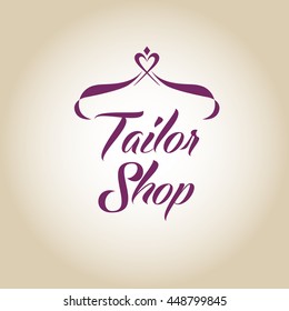 Vector logo on color gradient background for salon tailoring. Illustration for tailor shop with stylized heart and hanger.