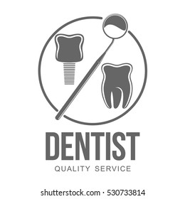 Vector logo on dental clinic. Tooth, dental implant, dental mirror. Web graphics, banners, advertisements, brochures, business templates. Isolated on a white background