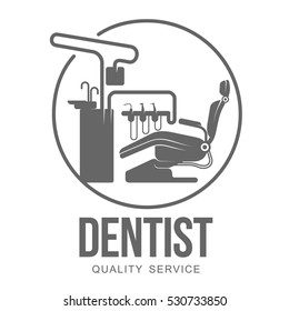 Vector logo on dental clinic. Tooth, dental implant, dental mirror. Web graphics, banners, advertisements, brochures, business templates. Isolated on a white background