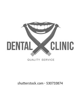 Vector logo on dental clinic. Tooth, dental implant, dental mirror. Web graphics, banners, advertisements, brochures, business templates. Isolated on a white background