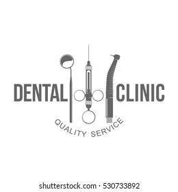 Vector logo on dental clinic. Tooth, dental implant, dental mirror. Web graphics, banners, advertisements, brochures, business templates. Isolated on a white background