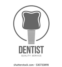 Vector logo on dental clinic. Tooth, dental implant, dental mirror. Web graphics, banners, advertisements, brochures, business templates. Isolated on a white background
