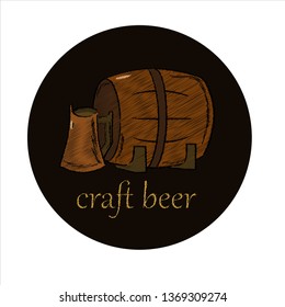 vector logo on the theme of brewing and craft beer; on a dark brown round background; with the effect of hand-drawing